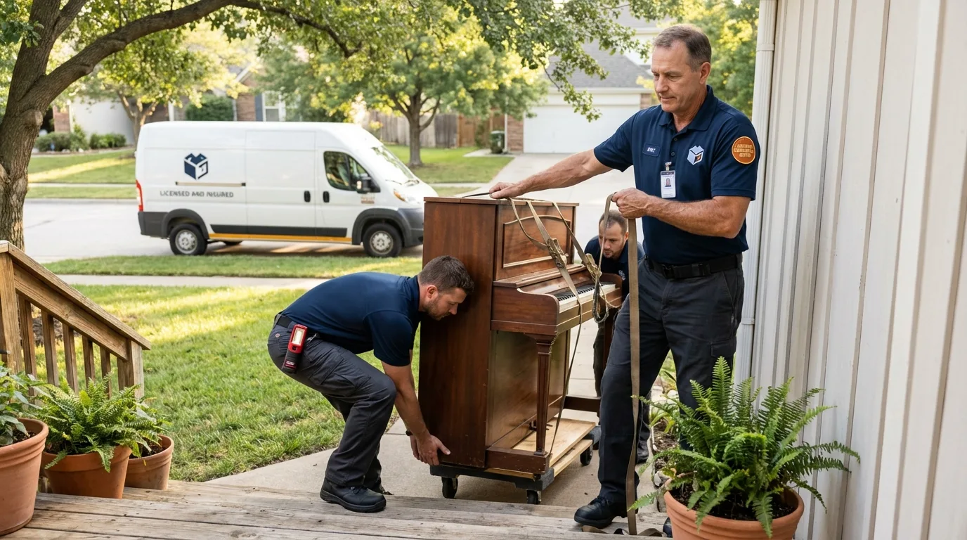 Licensed piano movers securing grand piano in Tucker, GA