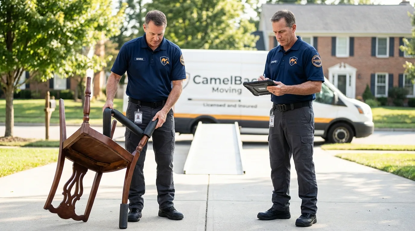 Movers inspecting furniture for damage prevention before loading in Tucker, GA