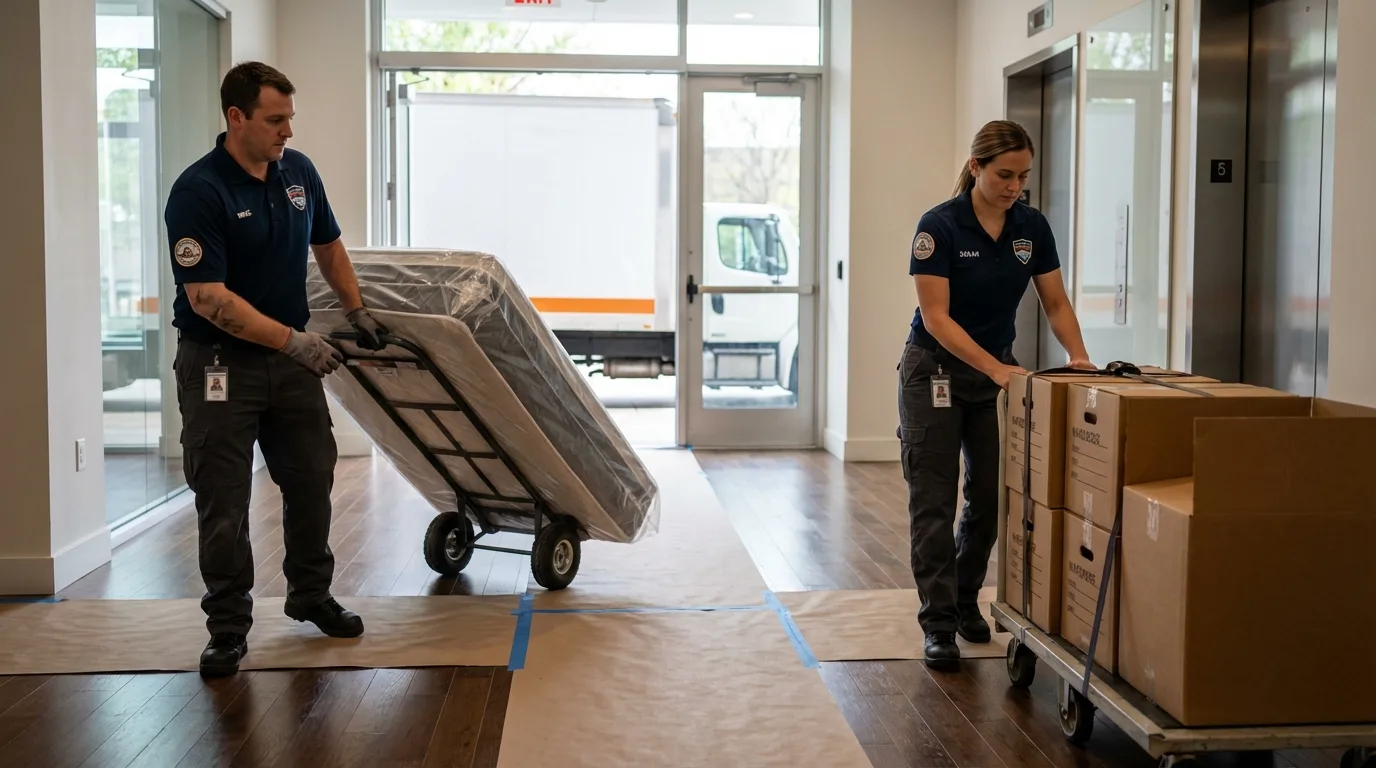 Professional apartment movers loading elevator in Tucker, GA